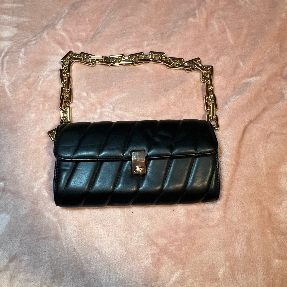 Fashion Nova Black Quilted Shoulder Bag with Gold Chain